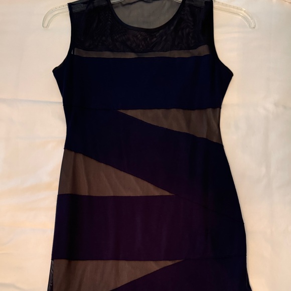 Muse M3255M Navy Asymmetrical Trim Stretch Jersey & Mesh Cocktail Dress - Picture 2 of 2